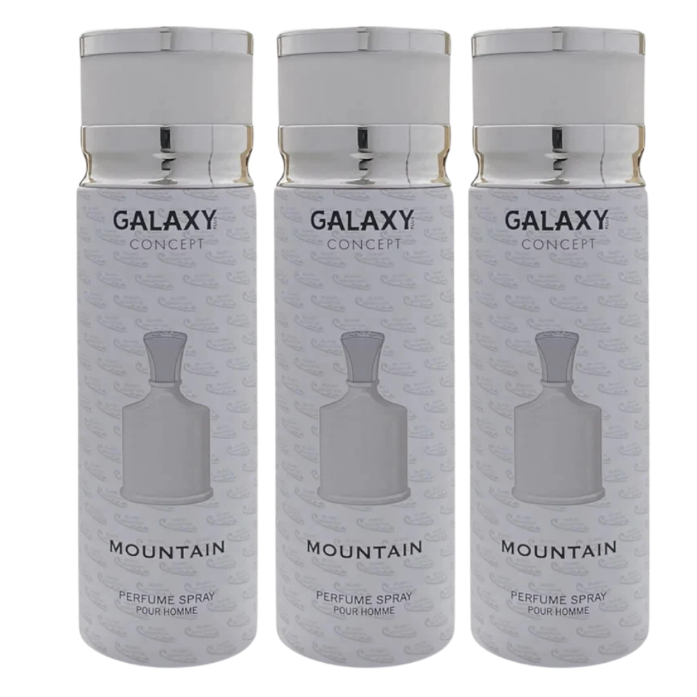 Three identical cylindrical perfume spray bottles arranged side by side on a plain white background. The bottles are labeled GALAXY CONCEPTI MOUNTAIN PERFUME SPRAY 400ML.