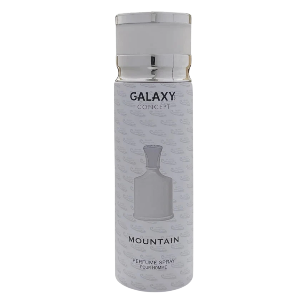 A cylindrical perfume spray bottle from Galaxy Concept Mountain, featuring a white body with a subtle repeating pattern, a silver metallic neck, and a silver cap, set against a plain white background.