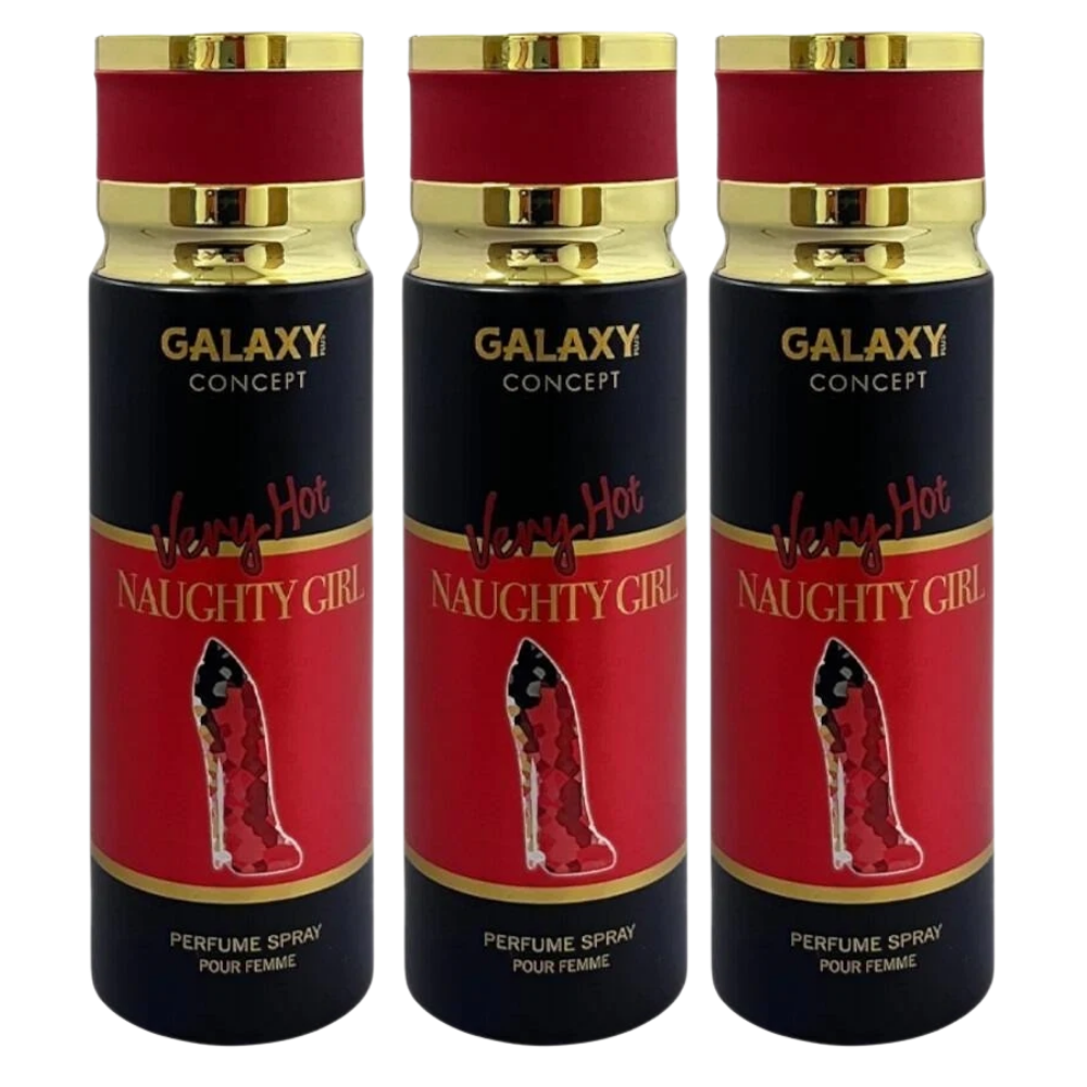 Three identical cylindrical perfume spray bottles of Galaxy Concept 'Very Hot Naughty Girl' for women, featuring a black and red label with gold lettering and a high-heeled shoe graphic.