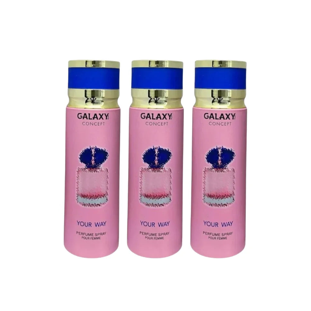 Three pink perfume bottles with blue caps labeled 'Galaxy Concept' on a white background.