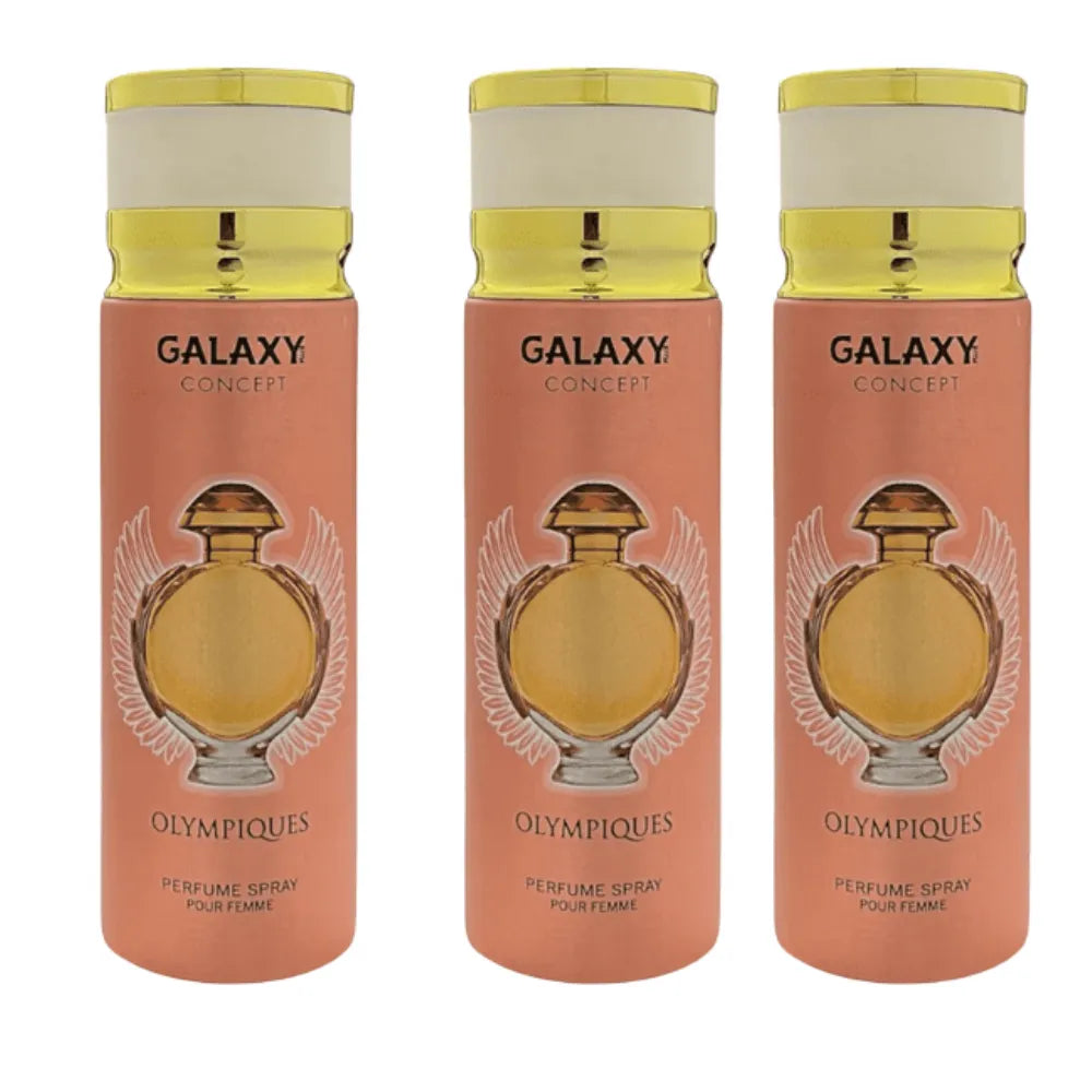 Three Galaxy Concept Olympiques perfume sprays on a white background