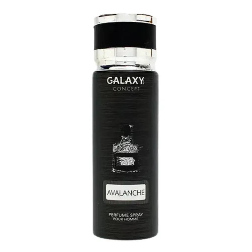 Black perfume spray bottle labeled 'Avalanche' by 'Galaxy Concept' on a white background