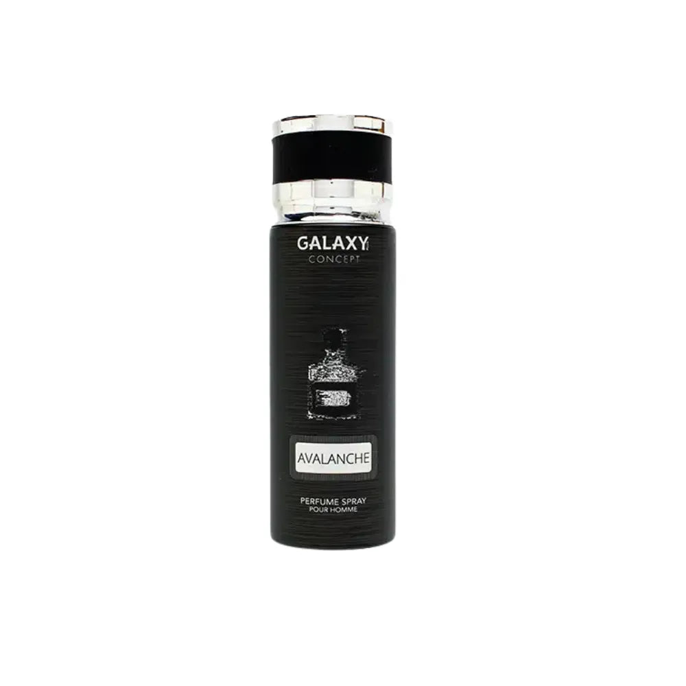 Black perfume spray bottle labeled 'Avalanche' by 'Galaxy Concept' on a white background