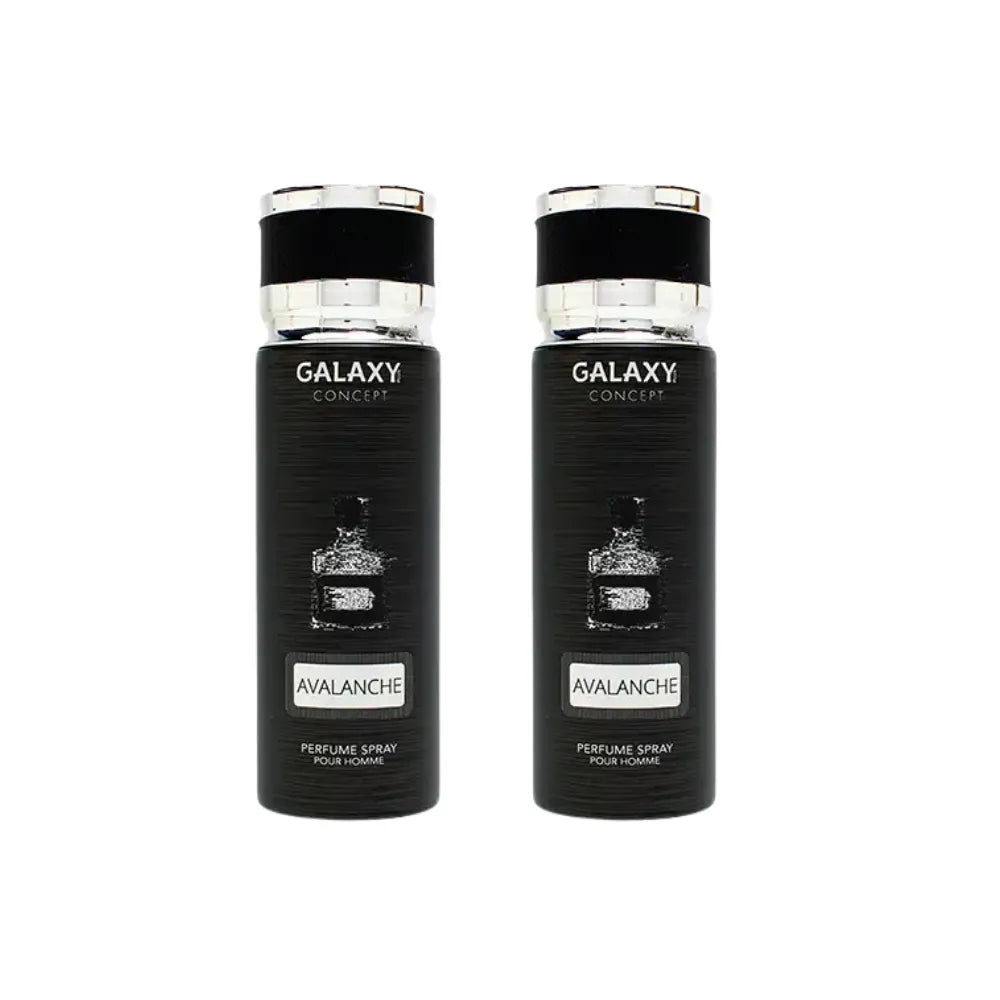 Two black Galaxy Concept Avalanche perfume bottles on a white background