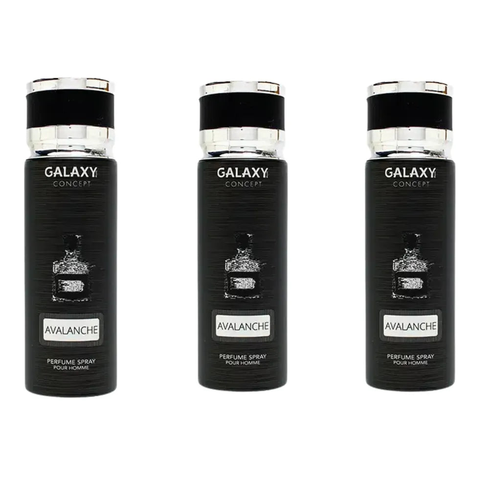 Three Galaxy Concept Avalanche perfume sprays on a white background