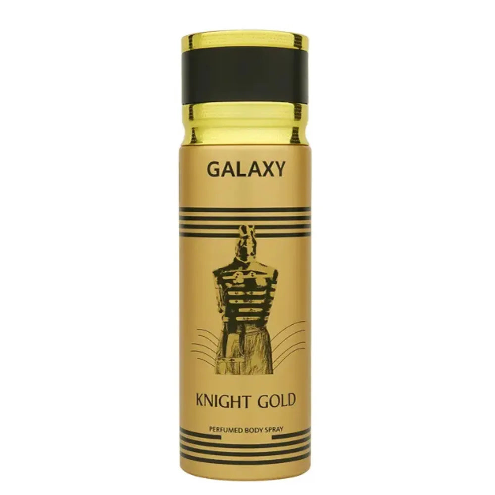 Gold and black body spray bottle labeled 'Galaxy Knight Gold' on a white background