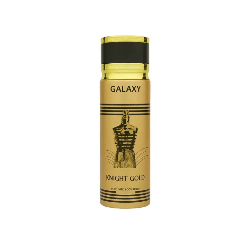 Gold and black body spray bottle labeled 'Knight Gold' on a white background