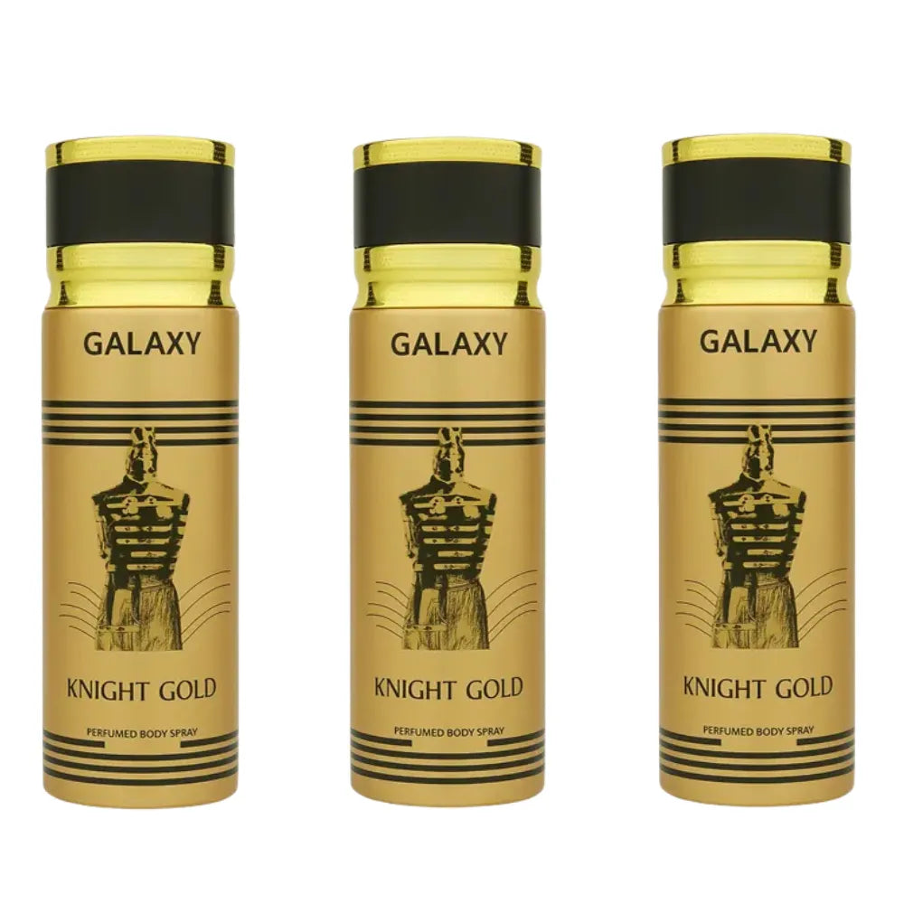 Three bottles of Galaxy Knight Gold perfume on a white background