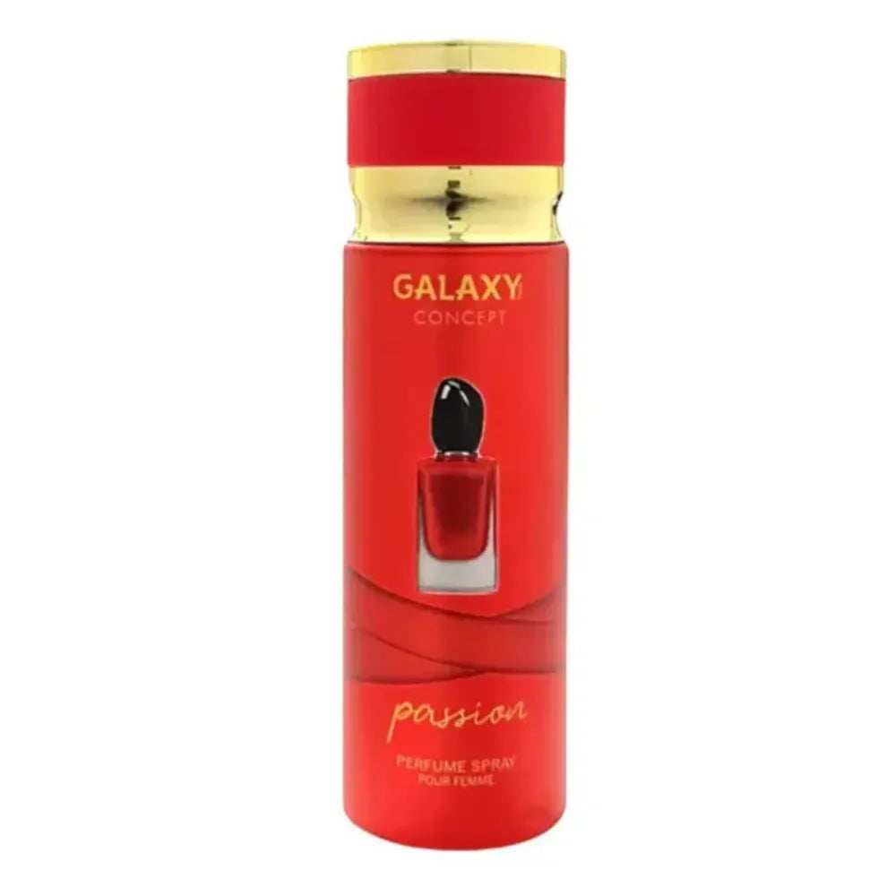 Red perfume bottle with gold cap labeled 'Galaxy Concept' on a white background