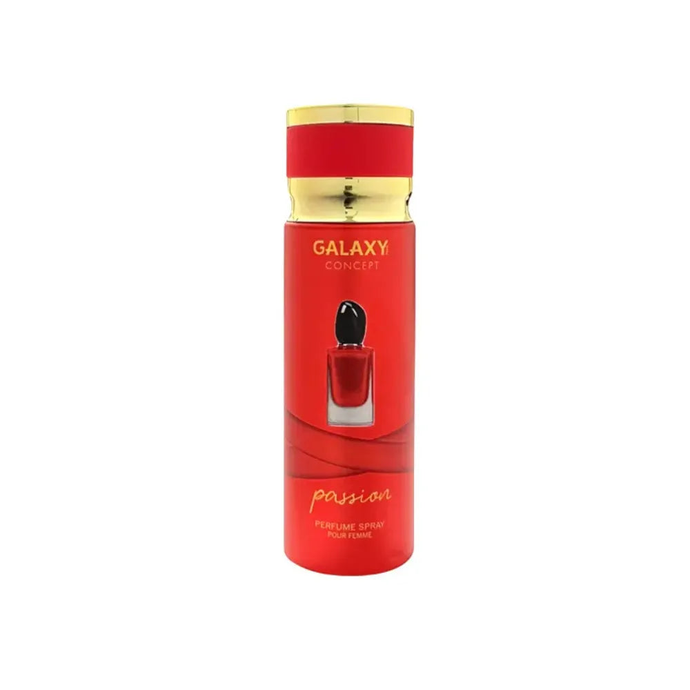 Red perfume bottle with gold cap labeled 'Galaxy Concept Passion' on a white background