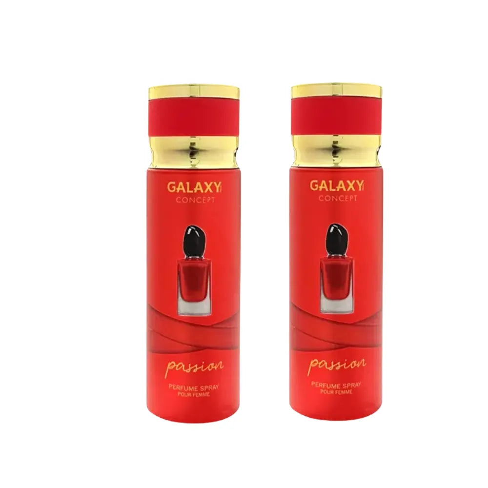 Two red perfume bottles with gold caps labeled 'Galaxy Concept' on a white background.