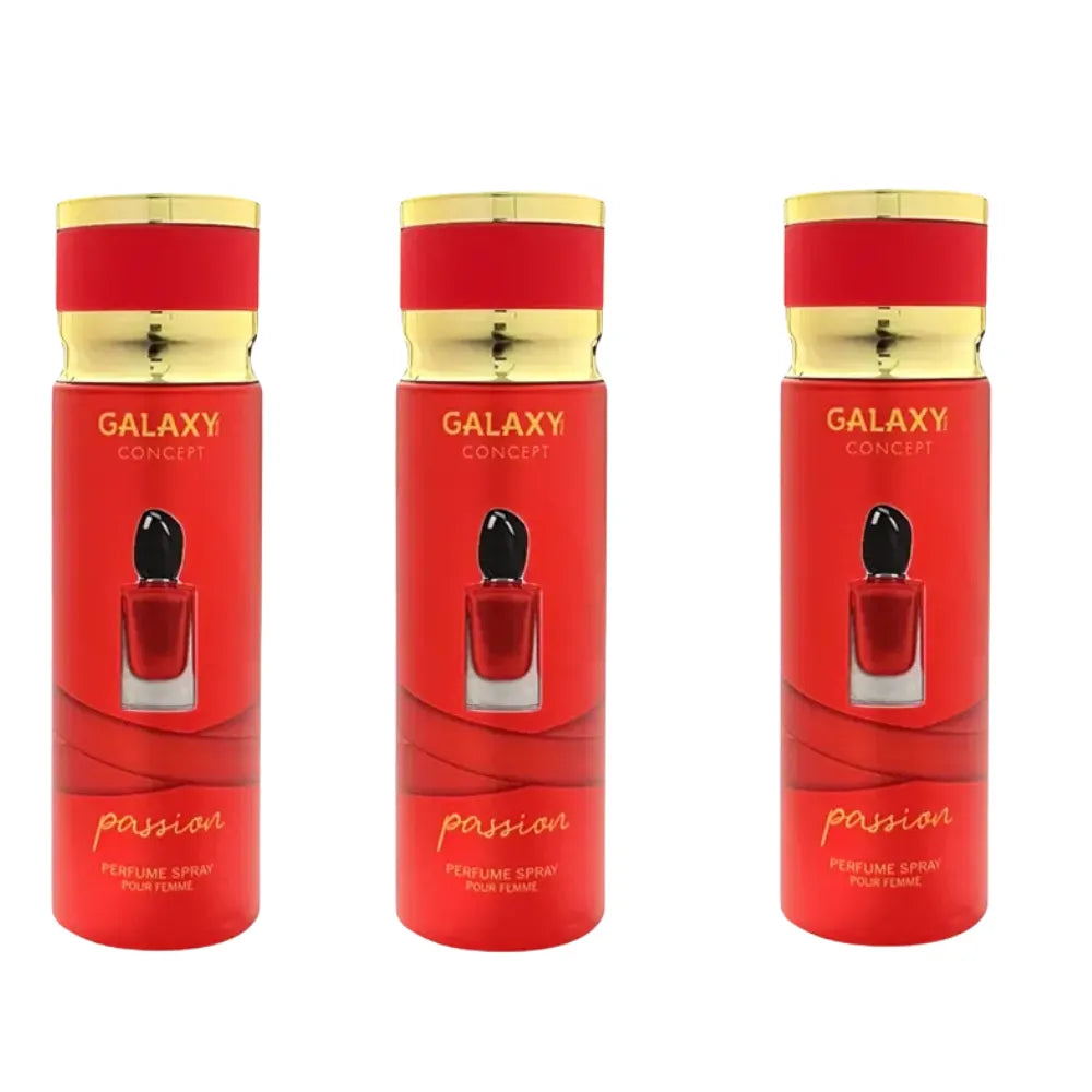 Three red perfume bottles with gold caps labeled 'Galaxy Concept' on a white background.