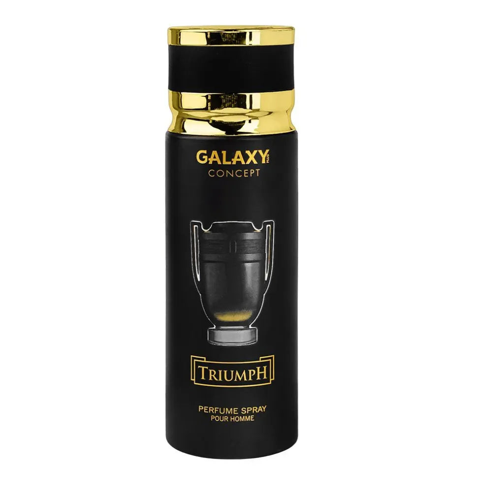 Black and gold perfume spray bottle labeled 'Galaxy Concept Triumph' on a white background