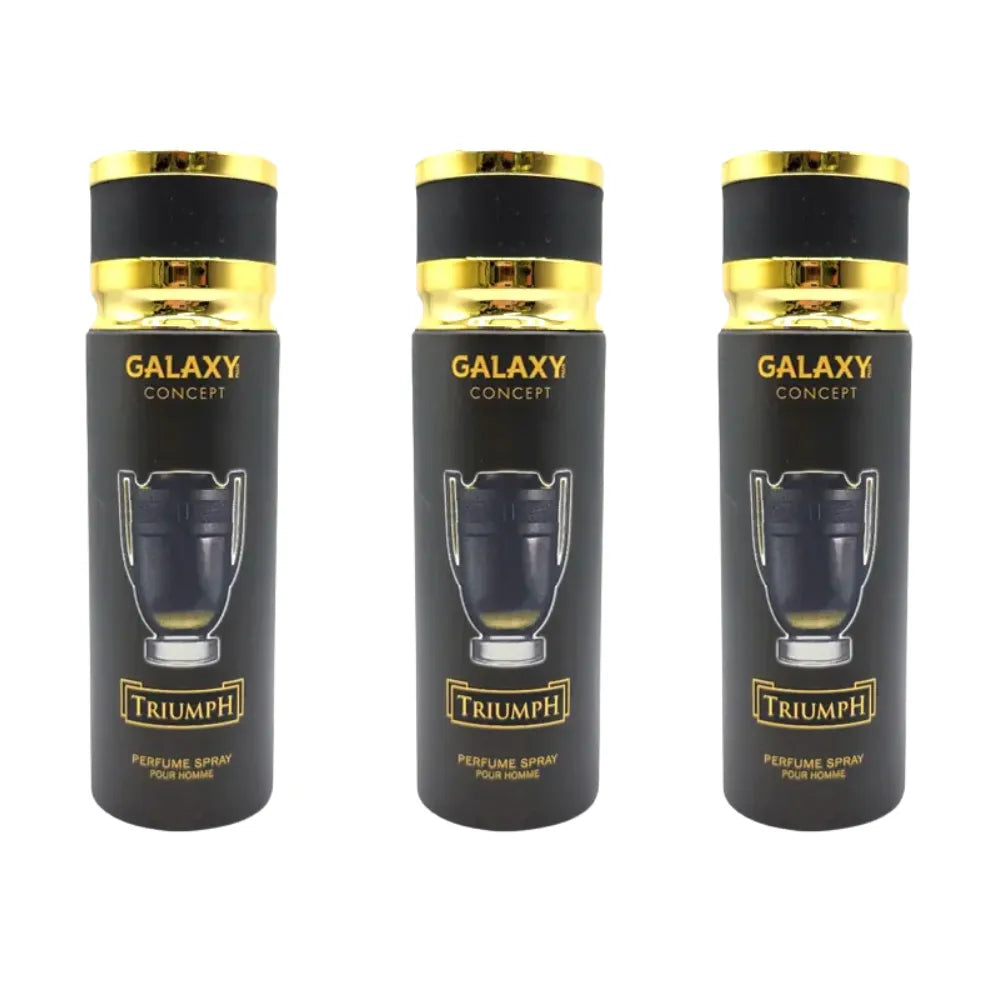 Three Galaxy Concept Triumph perfume spray bottles on a white background