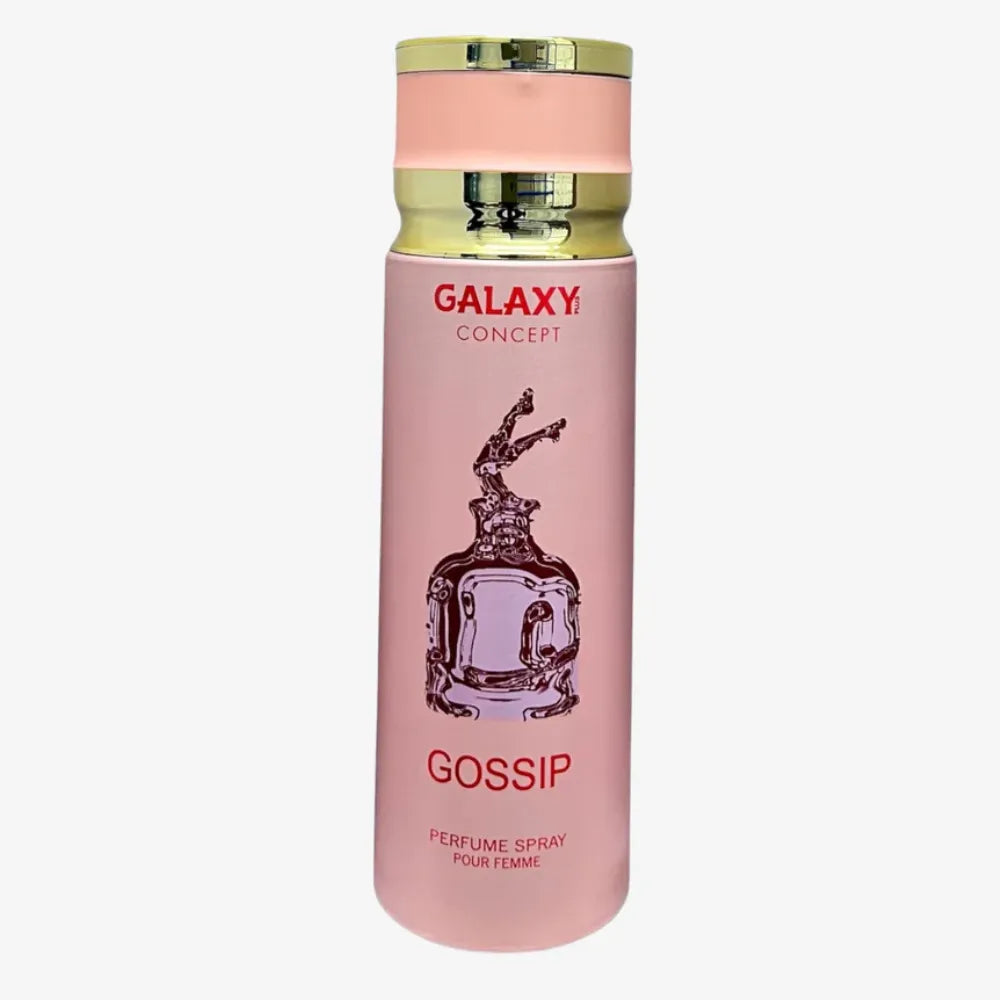 Pink perfume spray bottle with gold cap labeled 'Galaxy Concept Gossip' on a white background