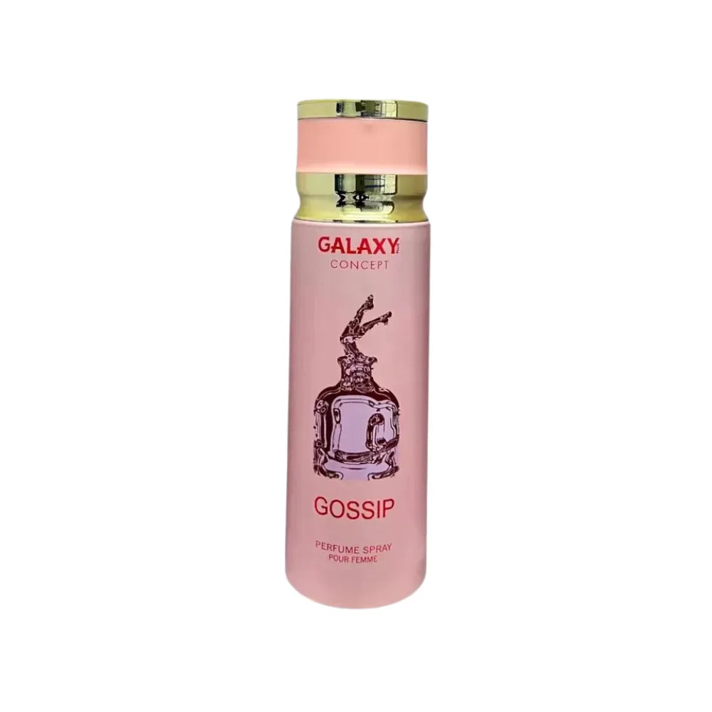 Pink perfume bottle with gold cap labeled 'Galaxy Concept Gossip' on a white background