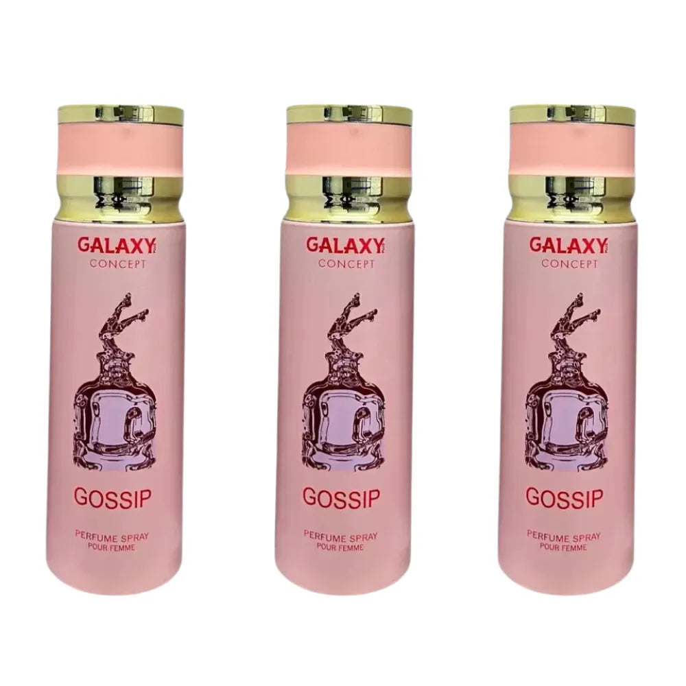 Three pink perfume bottles with gold caps labeled 'Galaxy Concept Gossip' on a white background.