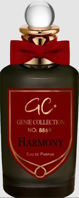 Perfume bottle with red bow and 'Genie Collection' label on a dark background