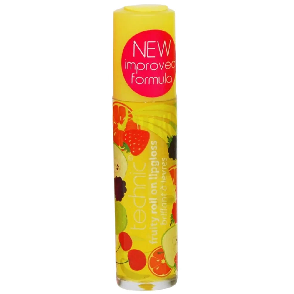 Lip gloss with fruit design and 'New Improved Formula' text on a white background