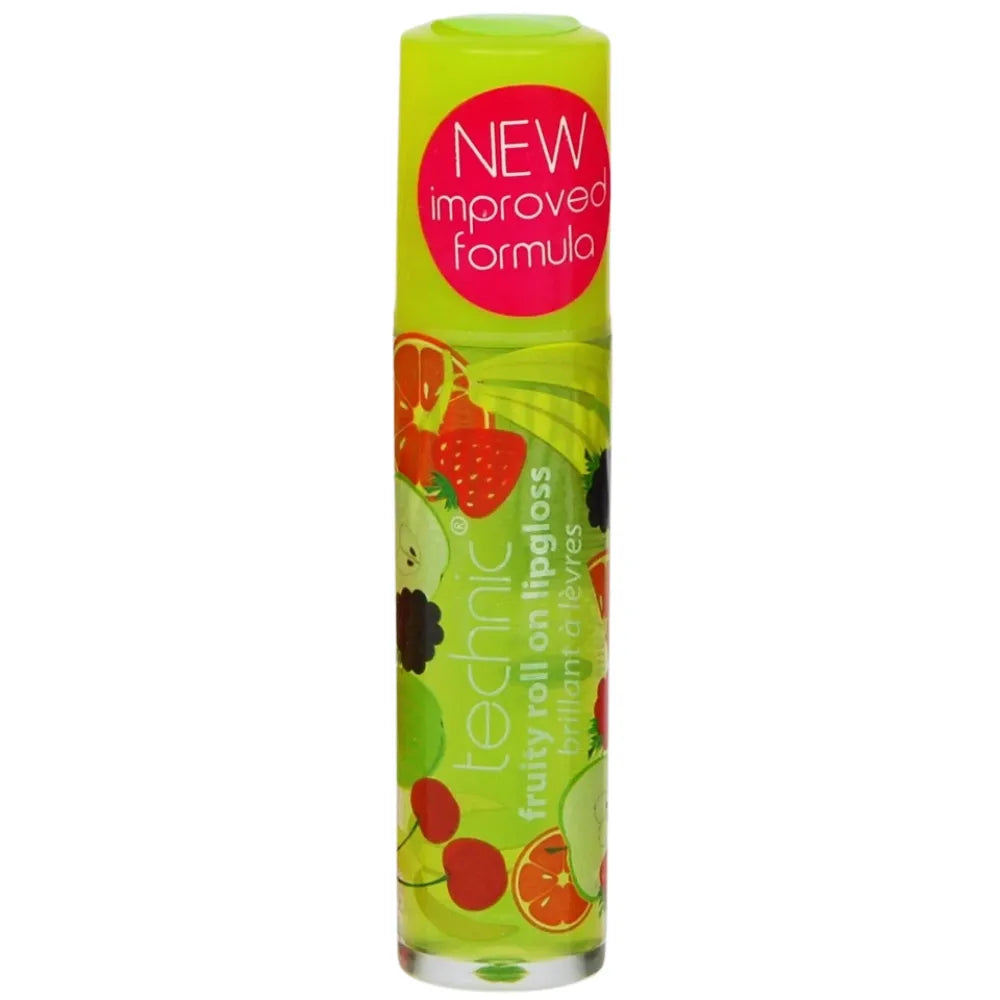 Lip gloss bottle with fruit design and 'New improved formula' label on a white background