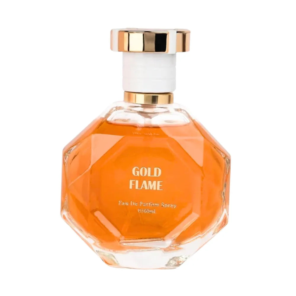 Perfume bottle labeled 'Gold Flame' on a white background