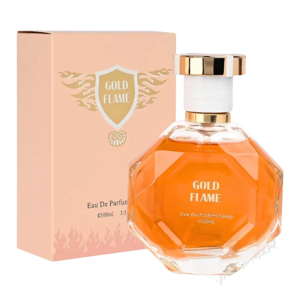 Gold Flame perfume bottle and packaging on a white background