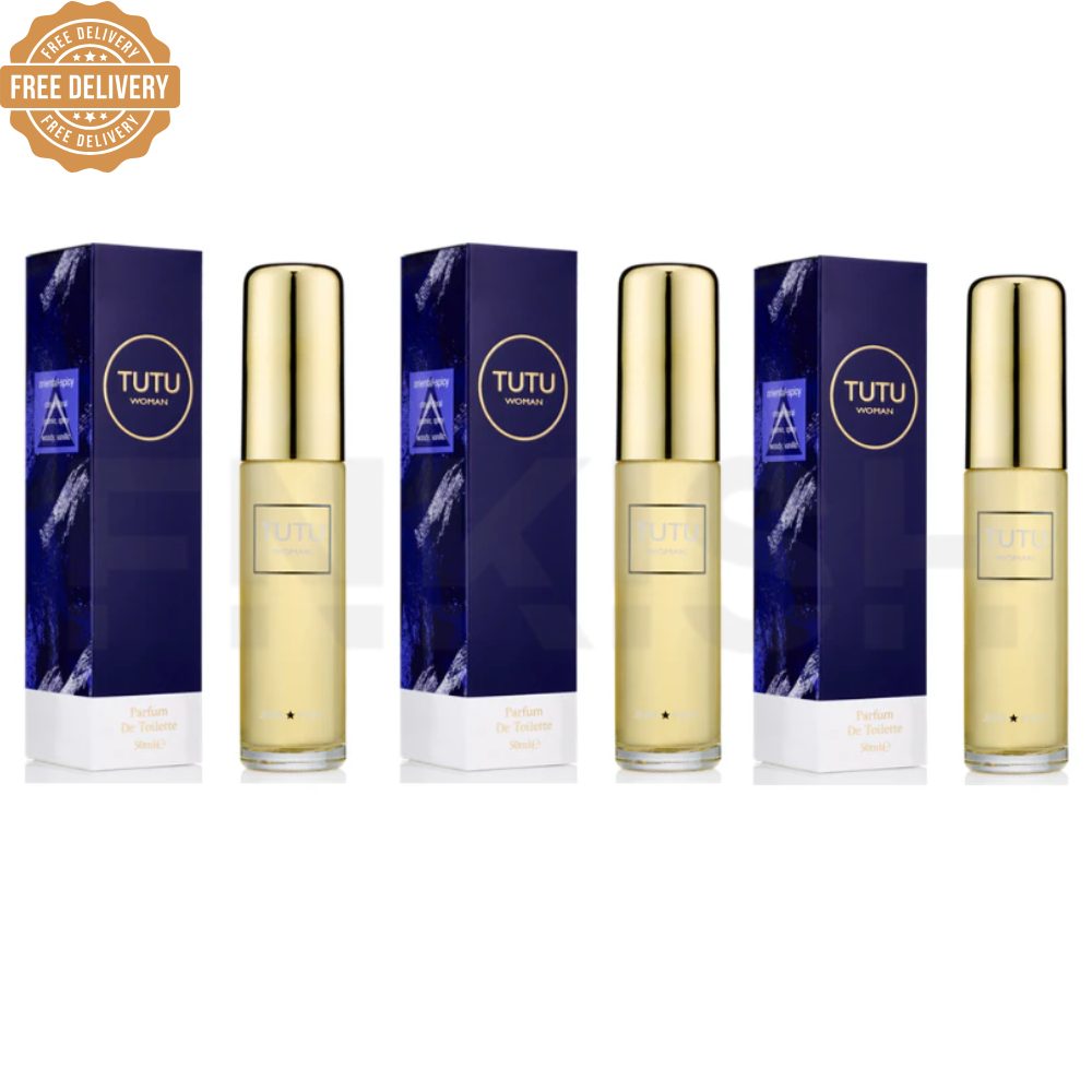 Gold perfume bottles with blue boxes featuring 'TUTU' brand on a white background.