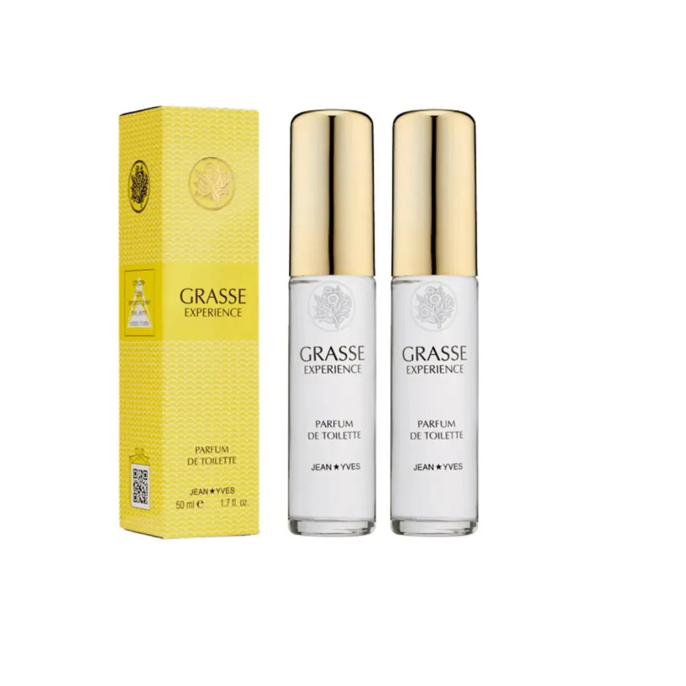 Two bottles of Grasse Experience perfume by Jean Yves with a yellow packaging box on a white background.