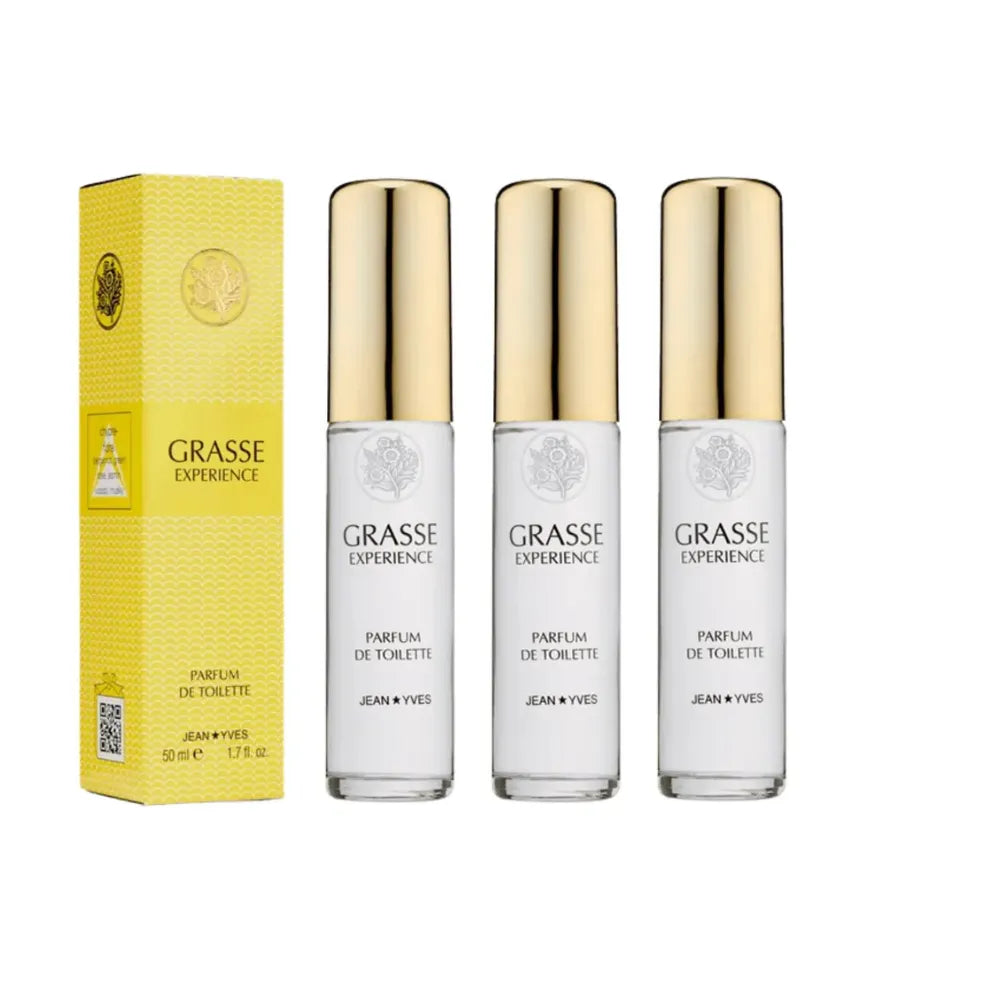 Three bottles of Grasse Experience perfume by Jean Yves with a yellow packaging box on a white background.