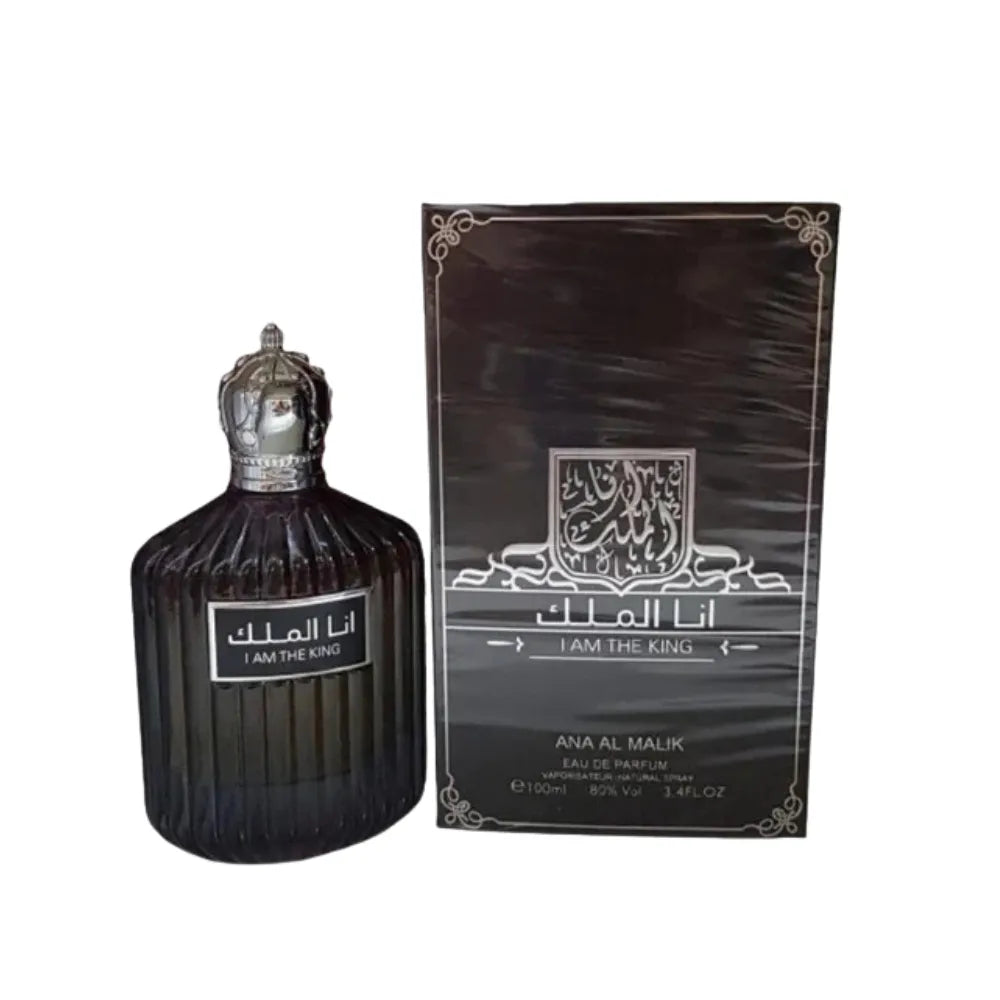 Perfume bottle and packaging of Ana Al Malik on a white background