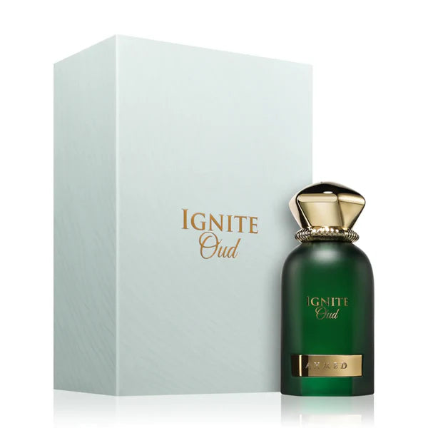 Perfume bottle with packaging labeled 'Ignite' on a white background