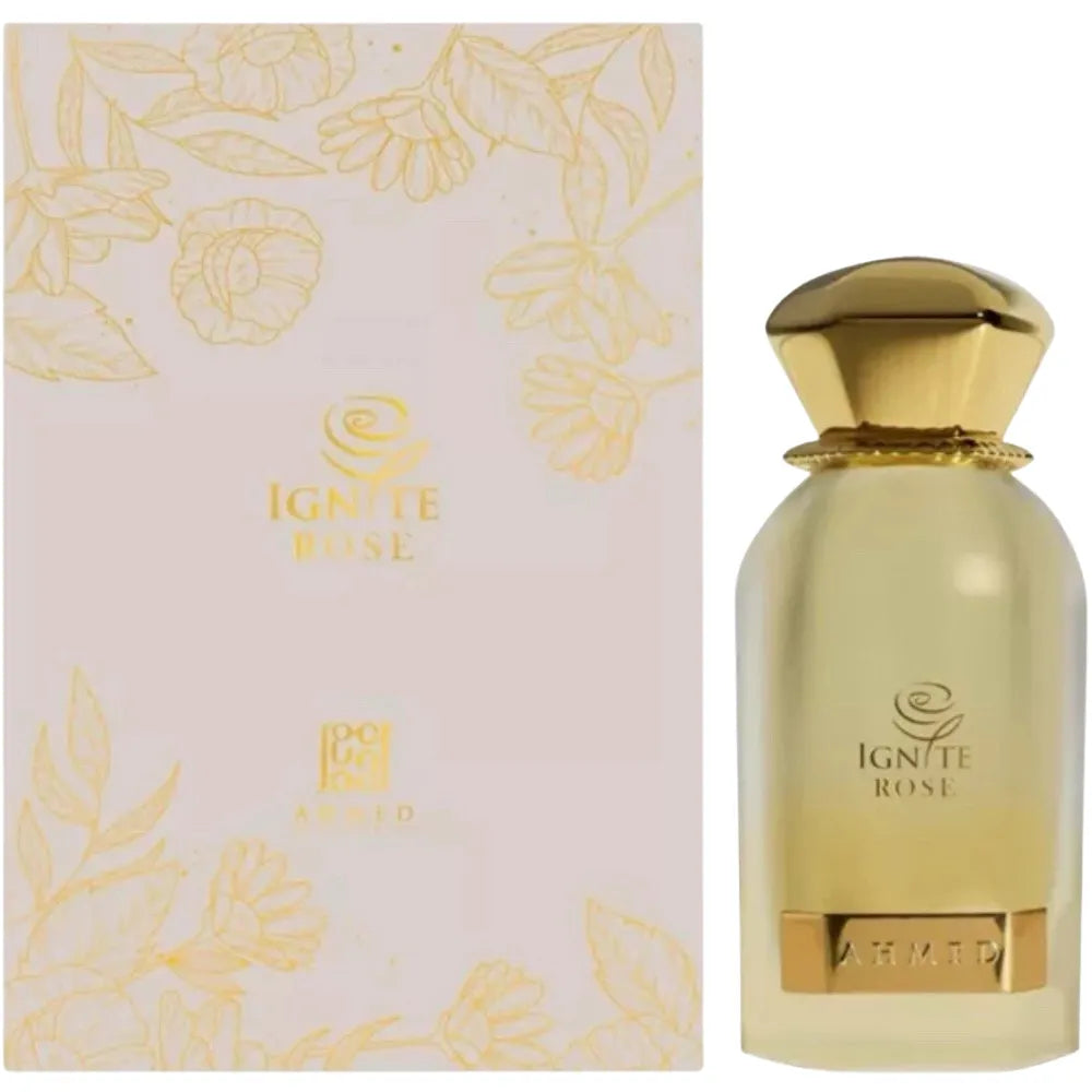 Gold perfume bottle and packaging with 'Ignite Rose' branding on a white background