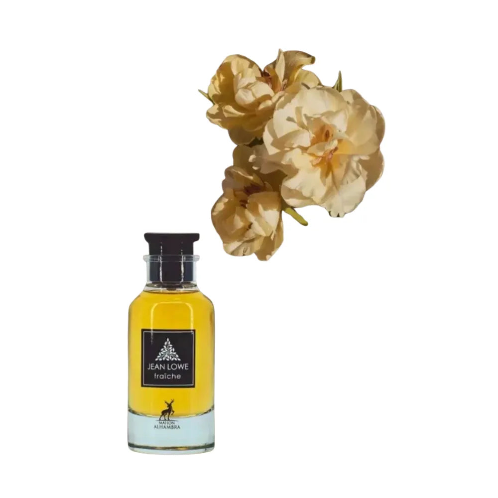 Yellow bottle of Jean Lowe perfume with a black cap and a bouquet of yellow flowers on a white background