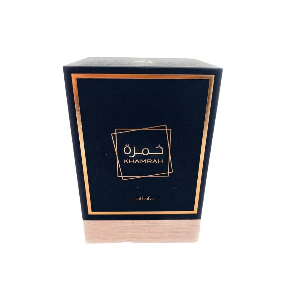 Black box with gold accents and 'Khamrah' branding on a white background