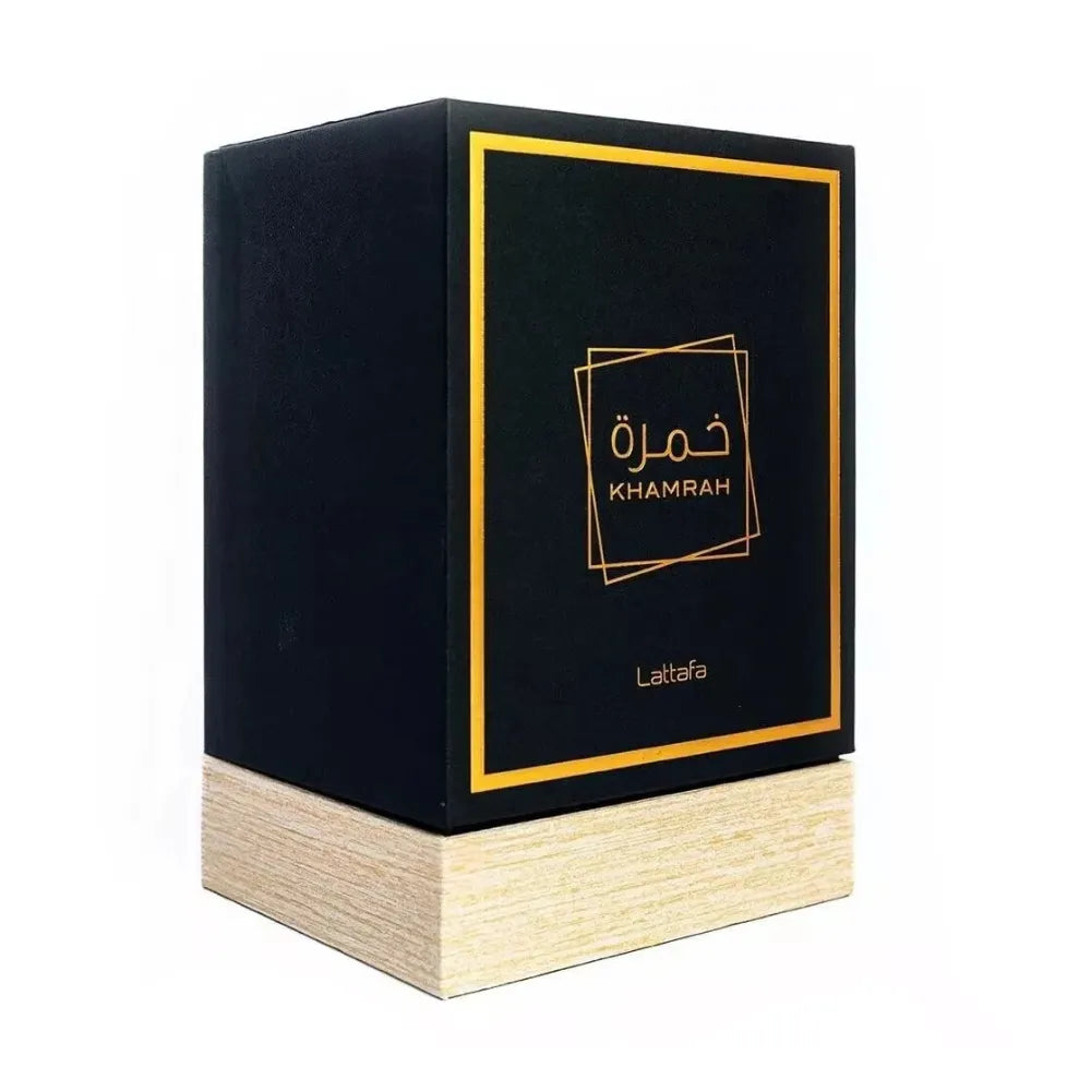 Black and beige box with 'Khamrah' branding on a white background
