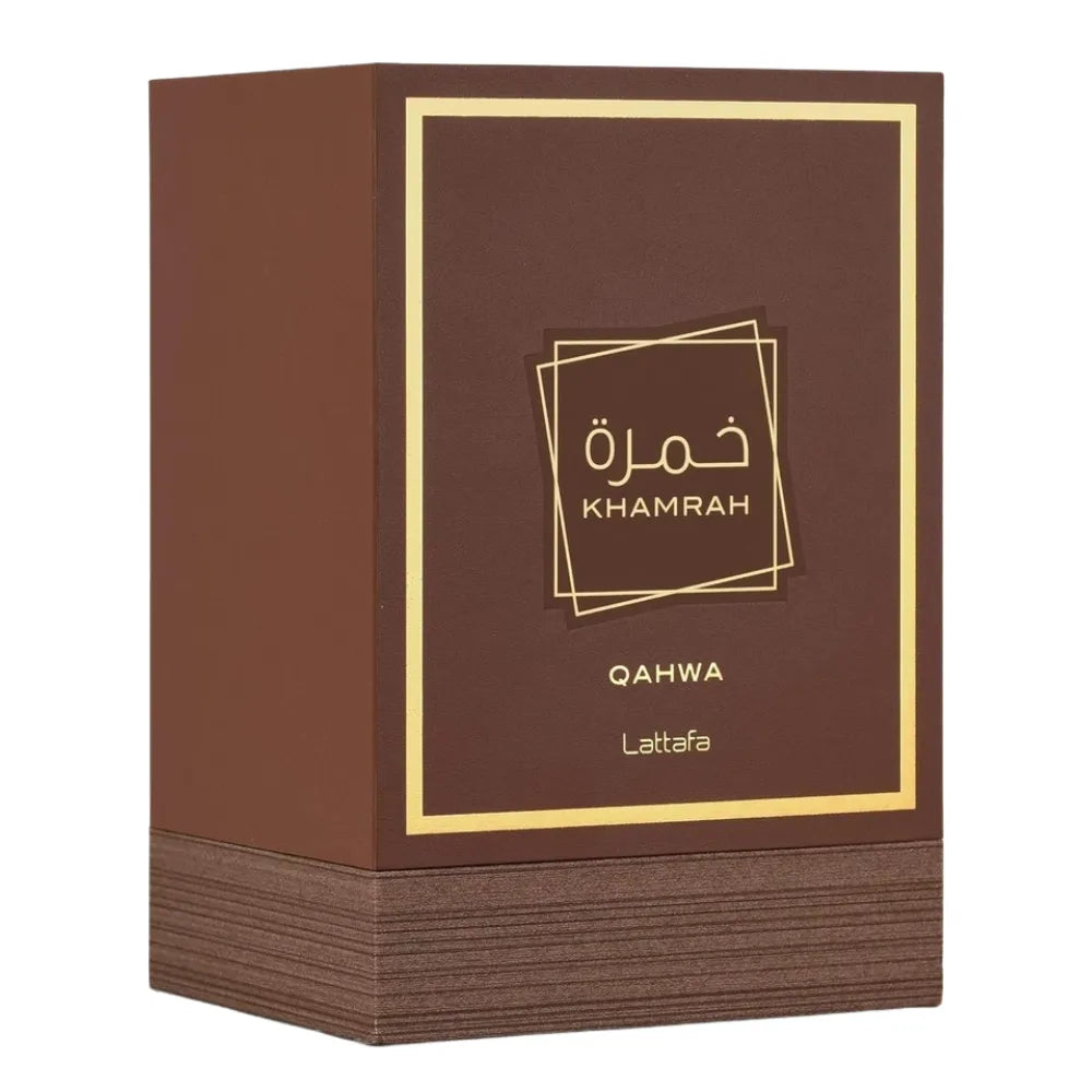 Brown packaging box with 'Khamrah Qahwa' branding on a white background