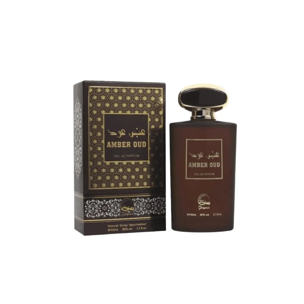 Amber Oud perfume bottle and packaging on a white background