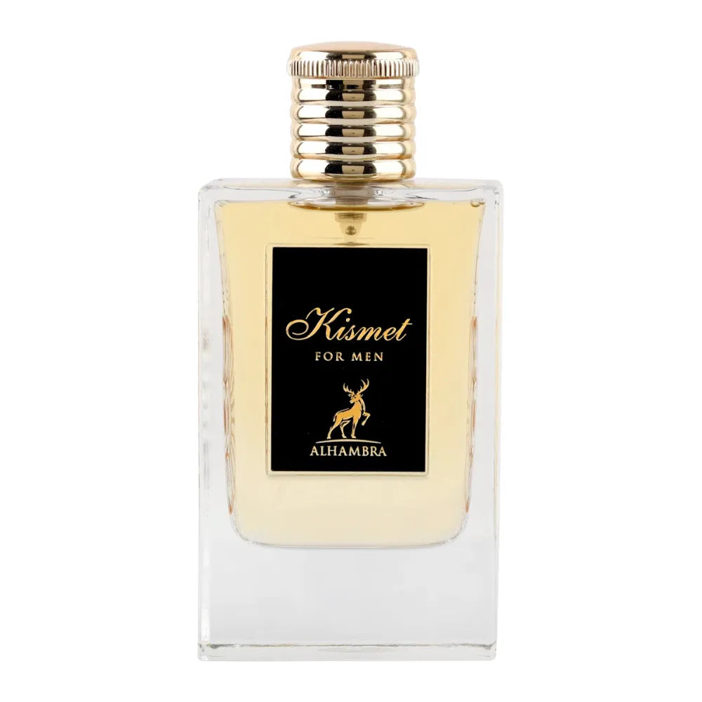 Perfume bottle labeled 'Kismet for Men' by Alhambra on a white background