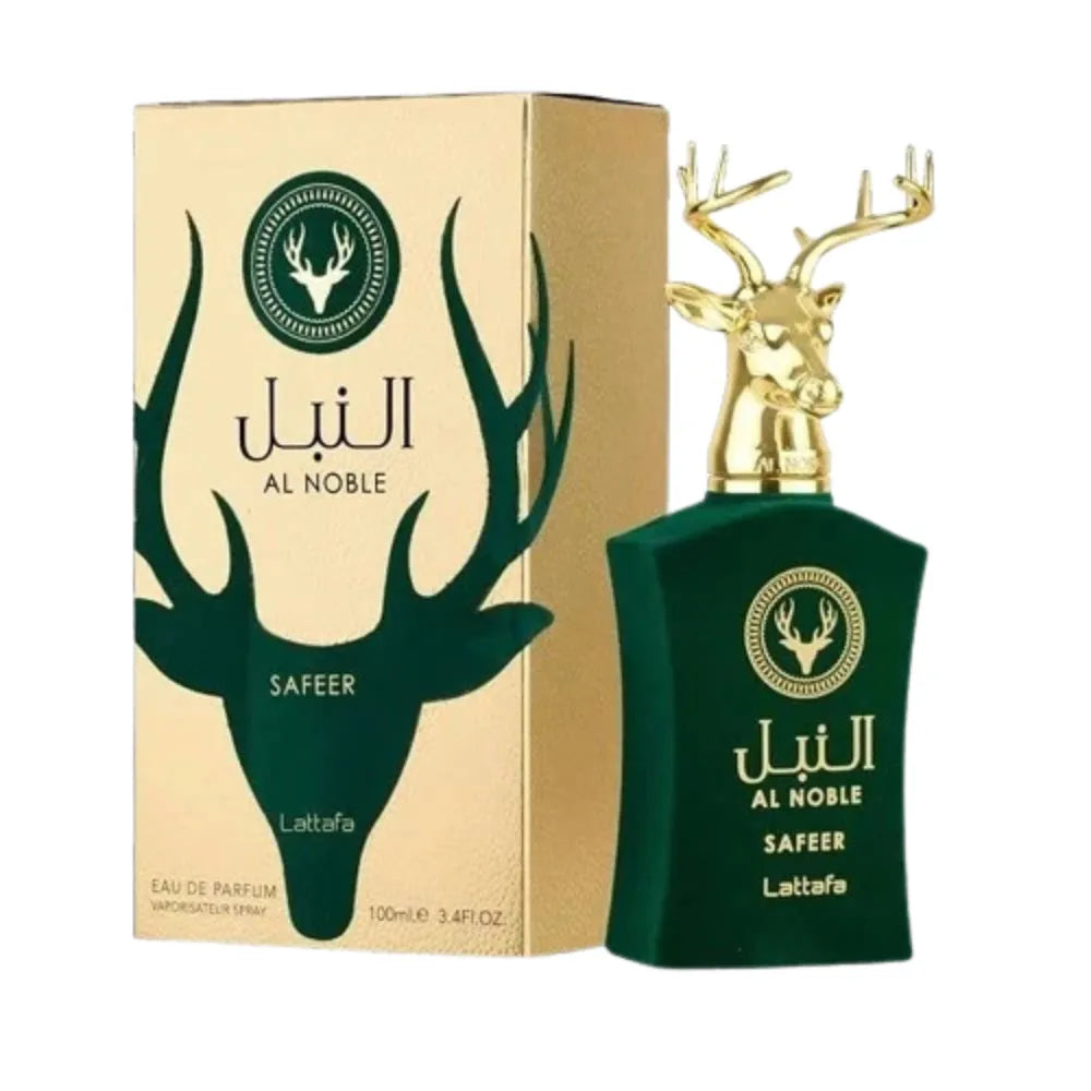 Al Noble perfume bottle and packaging with gold and green design on a white background