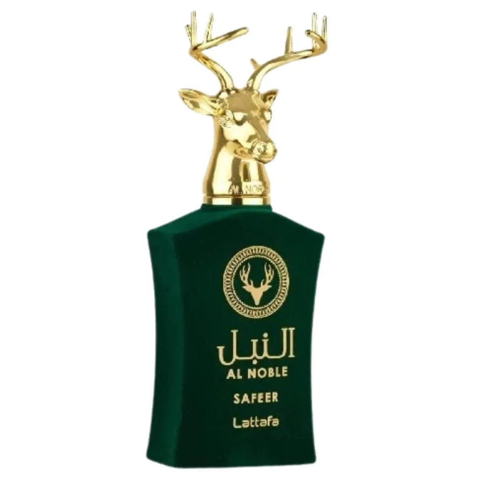 Green perfume bottle with gold deer head design on a white background