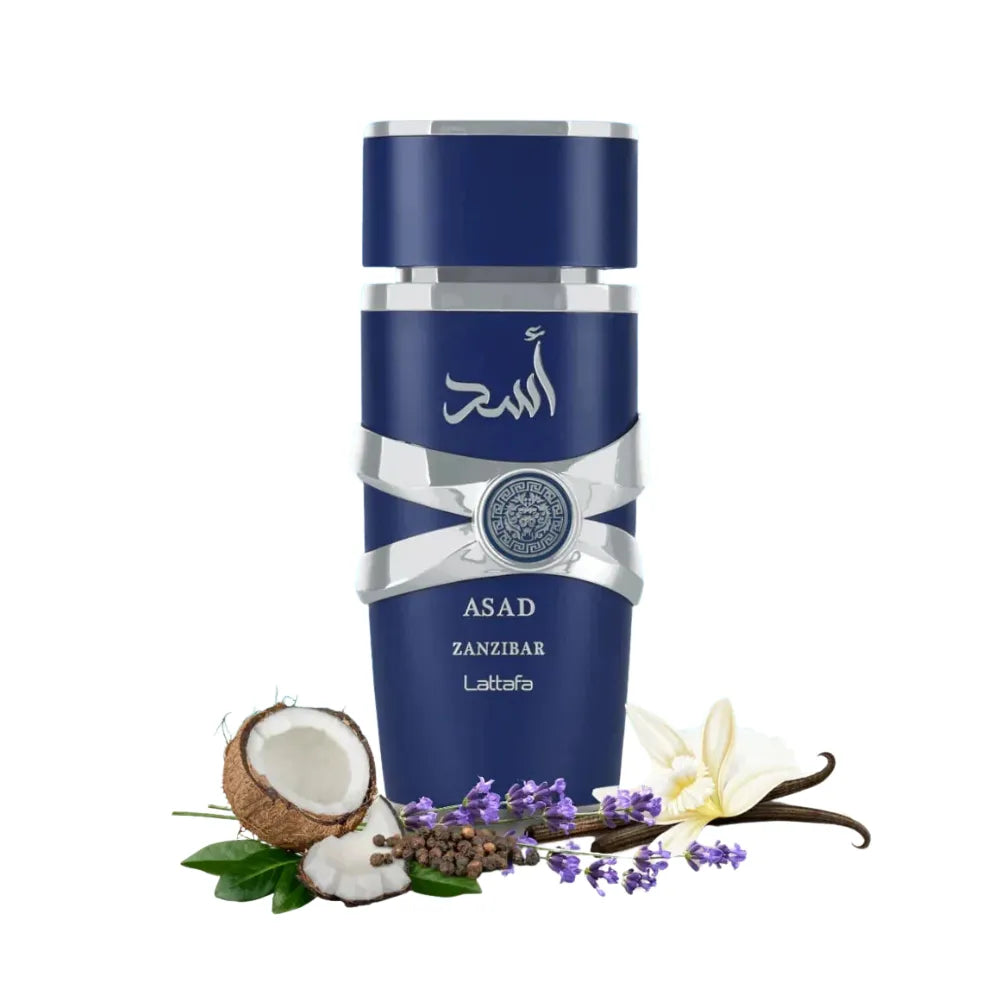 Blue bottle of Asad Lattafa perfume with coconut, vanilla, and lavender on a white background
