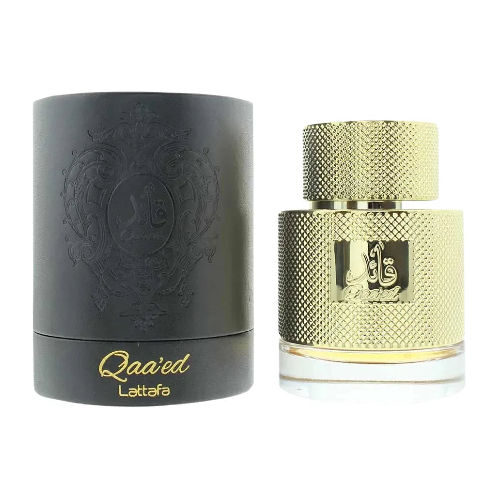 Perfume bottle and packaging of Qaa'ed Lattaqa on a white background