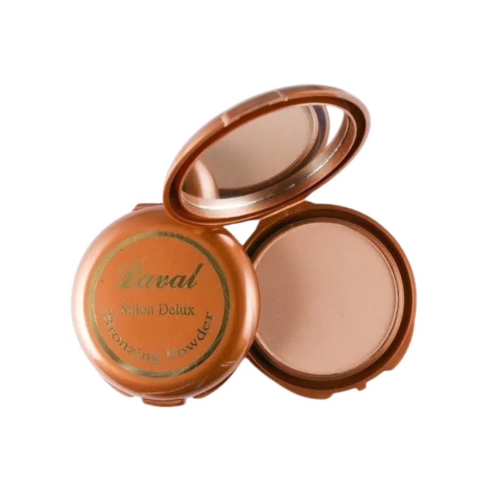 Open compact powder with 'Laval' branding on a white background