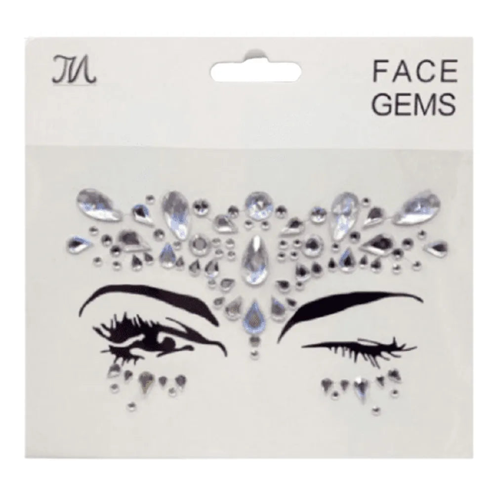 Packaging of face gems with eye designs on a white background