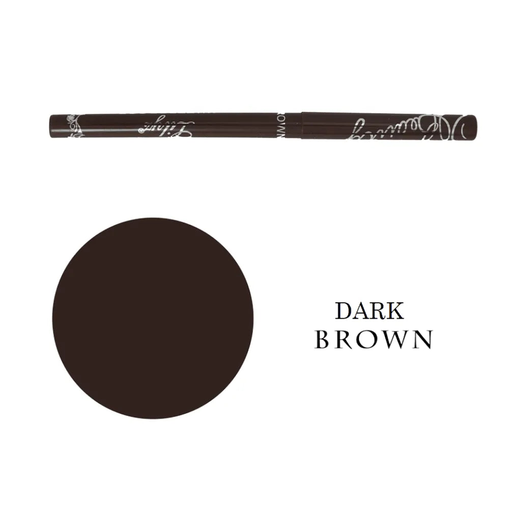 Eyebrow pencil with dark brown color swatch on a white background