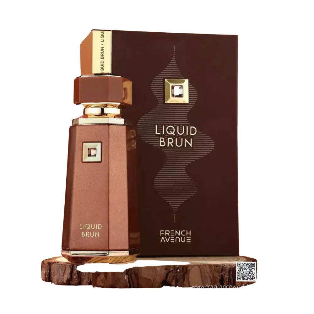 Brown perfume bottle and packaging with 'Liquid Brun' branding on a white background