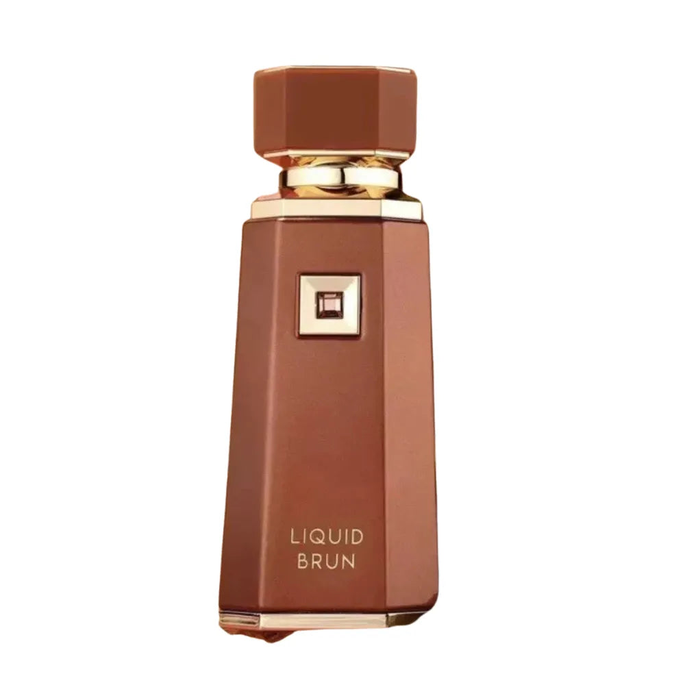 Brown perfume bottle with gold cap on a white background