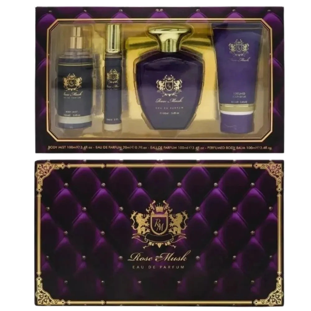 Perfume set with purple and gold packaging featuring a brand logo.