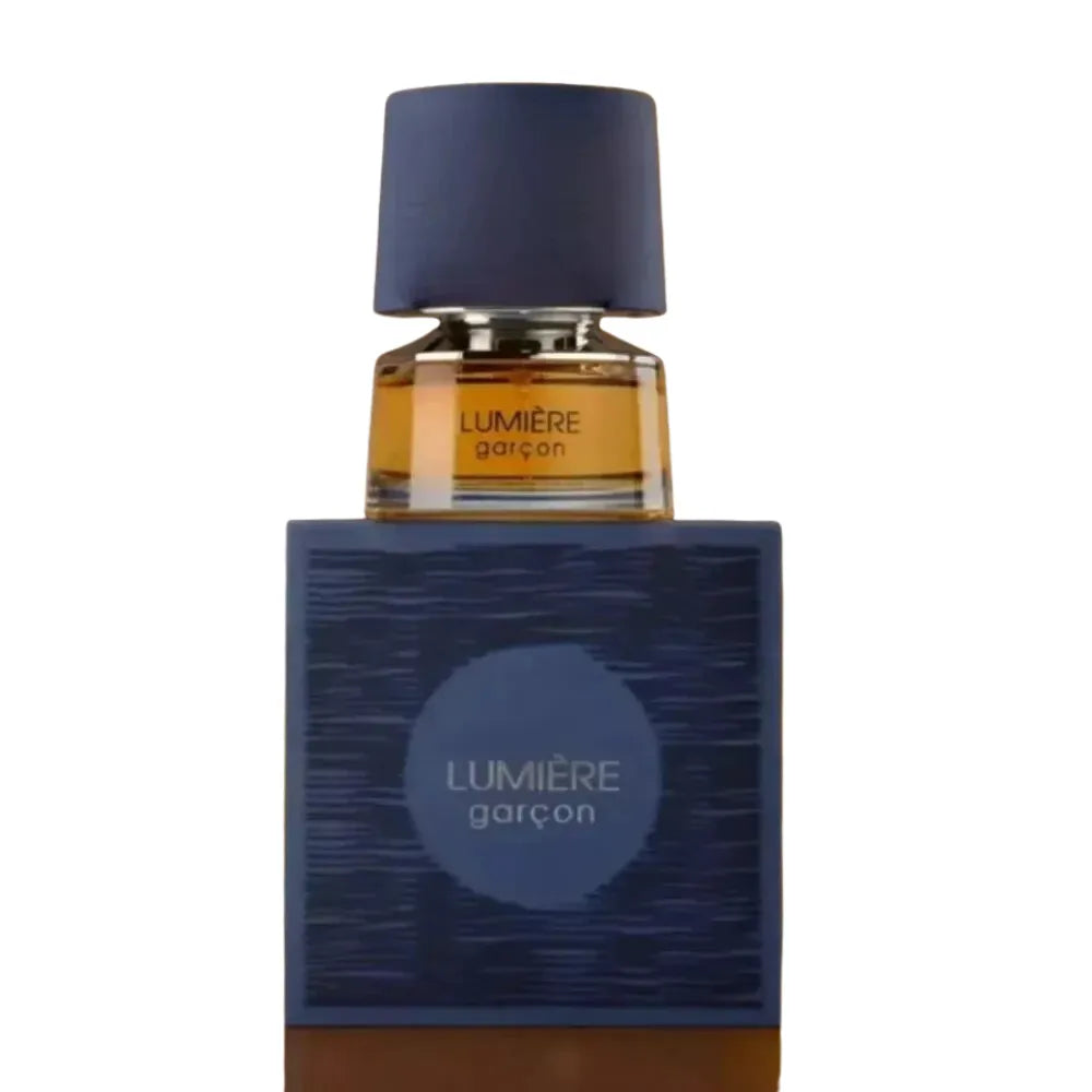 Perfume bottle with blue cap and packaging on a white background