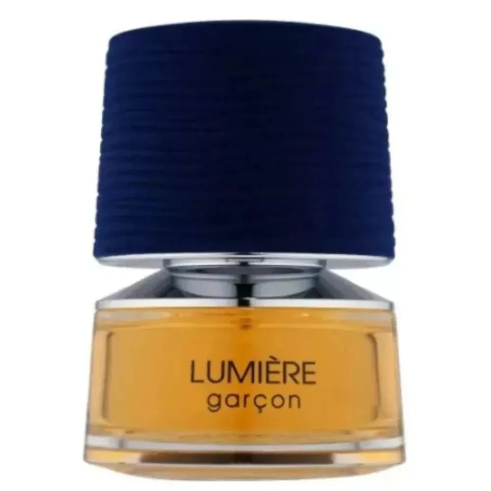 Perfume bottle labeled 'Lumère garcon' with a blue cap on a white background